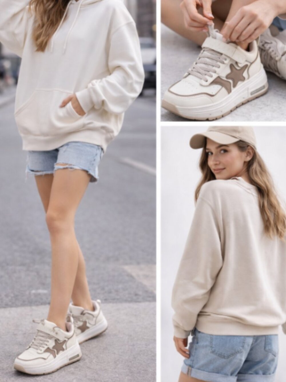 Beige Chunky Sneakers Star Detail Platform Casual Shoes Women Size 6.5 / EU 37